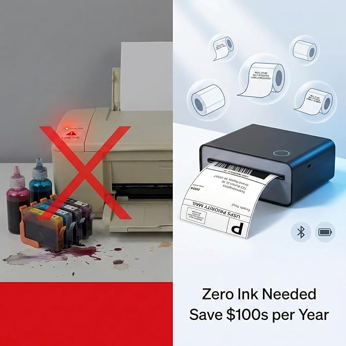 4x6 Thermal Shipping Label Printer - Wireless Bluetooth, Rechargeable Battery, No Ink Needed - for iPhone, Android, Home