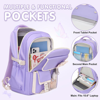 GeeWin Girls Backpack for School with Lunch Box & Pencil Case Set, 17 Inch Waterproof Cute Bow Girls Bookbag for Kids, Teens, Elementary Middle High College School Student (Purple/Beige)