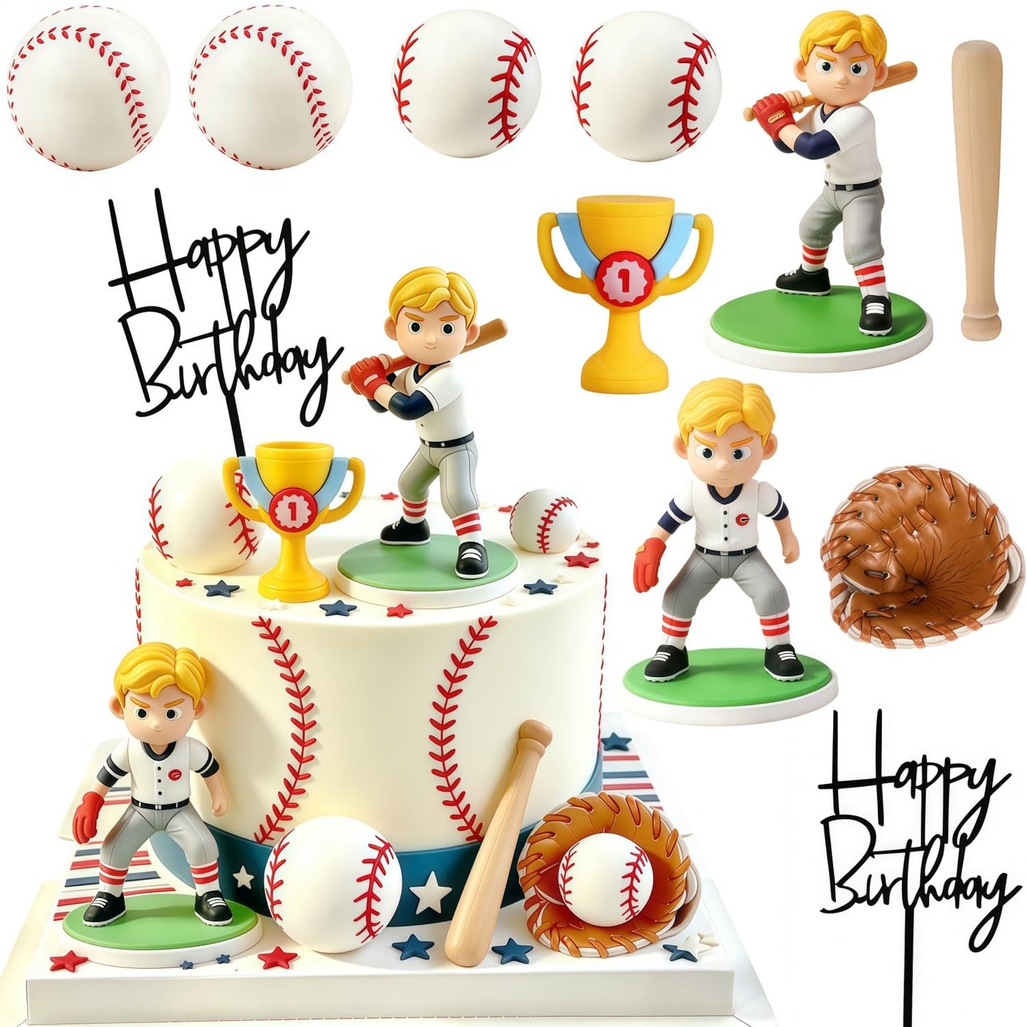 XLENGO 10 PCS Baseball Cake Toppers, Baseball Cake Decorations with Baseballs Player Trophy Gloves for Sport Theme Birthday Supplies
