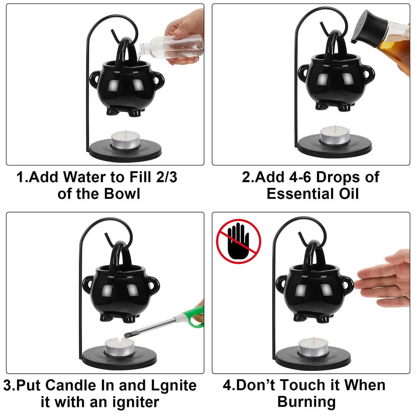2 Pcs Hanging Pagan Cauldron Oil Burner, Cauldron Wax Warmer Diffuser with Handle 10 Pcs White Tea Lights Candles Witch Decor for Home Wax Melts Christmas Gothic