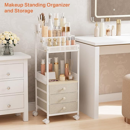 Makeup Organizer Storage with Drawers, 13 Inch Bathroom Stand Large Floor Rolling Skincare Organizer Cart, 3-Tier Vanity Tray Stand for Cosmetics, Nail Polish, Perfume Display Cases Holder