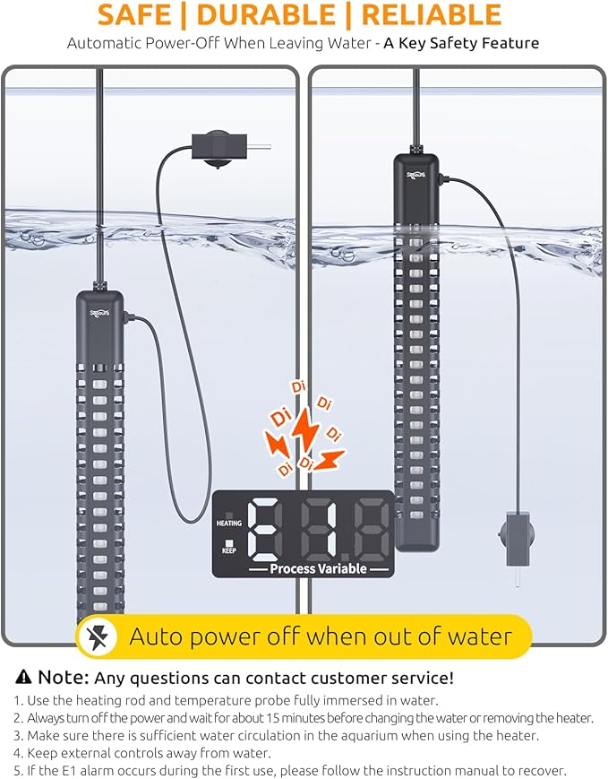 SEAOURA Aquarium Heater, 500W Fish Tank Heaters for 70-80 Gallon, Submersible Turtle Heater with Intelligent Controller Safety Protection, Automatic Power-Off When Leaving Water