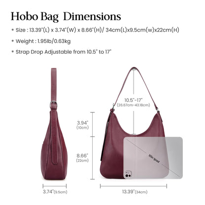 befen Genuine Leather Hobo Bags for Women, Soft Real Leather Women's Shoulder Bag Handbags, Shoulder Purse Designer Bags with Adjustable Strap for Daily Work Travel Fall Fashion, Burgundy