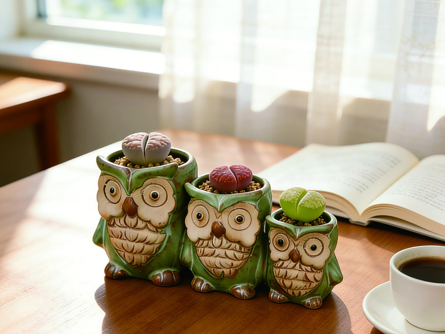 Giafiny Cute Owl Planter, Small Funny Succulent Pots, Unique Decorative Animal Statue Ceramics Plant Pot for Indoor/Outdoor Home Office with Drainage, Owl Gifts for Women Mother Teacher, Three Owls