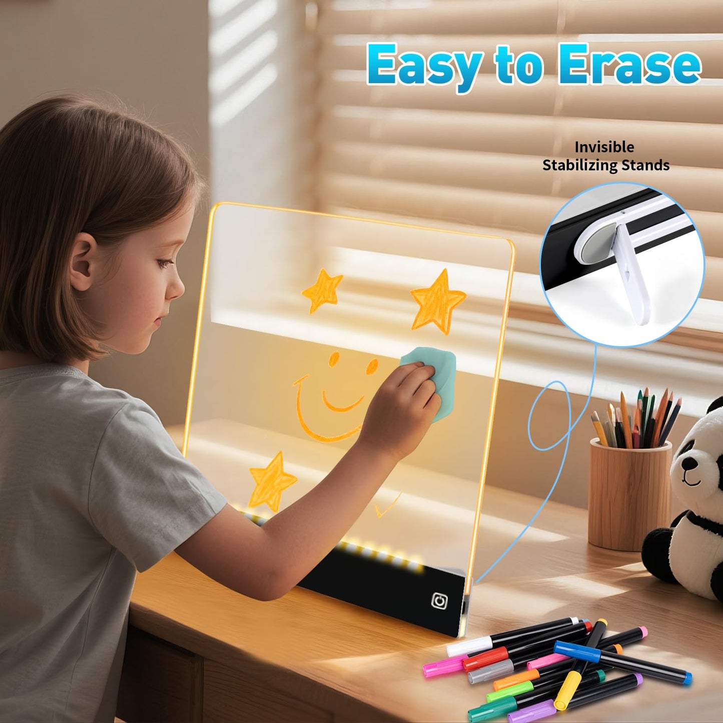 Rechargeable LED Drawing Board for Kids, 16" Light Up Acrylic Dry Erase Board, Lumi Board LED Note Board with Invisible Stand Glow Doodle Board Birthday Gifts for Kids Black
