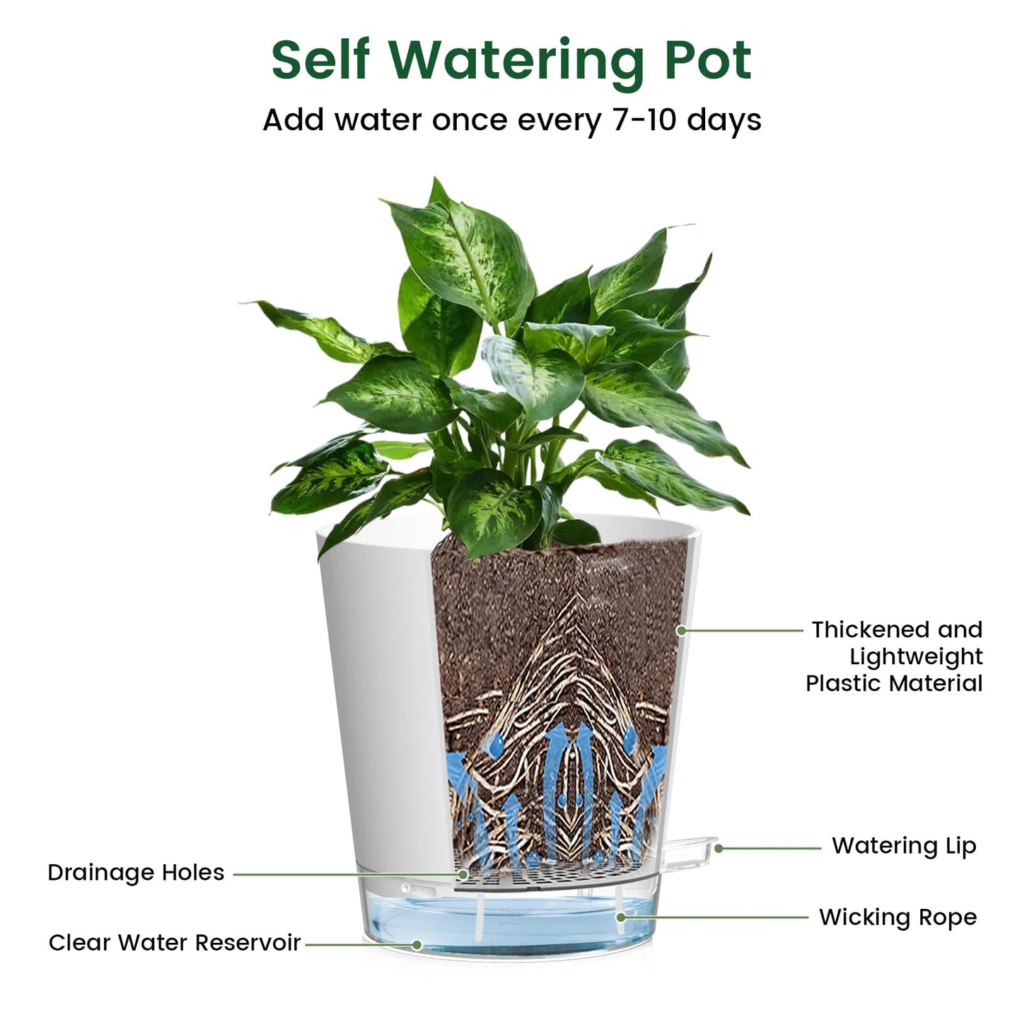 Meowell 4 inch Self Watering Pots for Indoor Plants, 5 Pack Small Flower Plant Pots with Drainage Holes and Clear Reservoirs, Visible Water Level, Plastic Planters with Wicking Rope, White