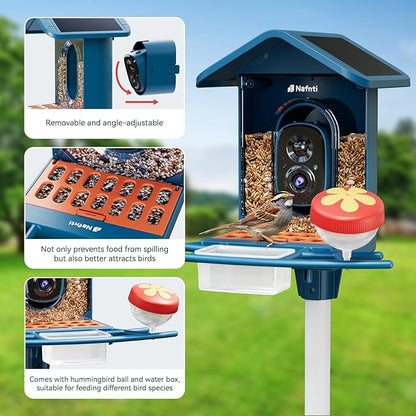 Smart Bird Feeder with Camera Solar Powered, 5GHz/2.4GHz, 2K HD Live View, AI Bird Species Identify, Instant Arrival Alerts, Weatherproof Outdoor Bird Feeder Camera, Best for Bird Lovers