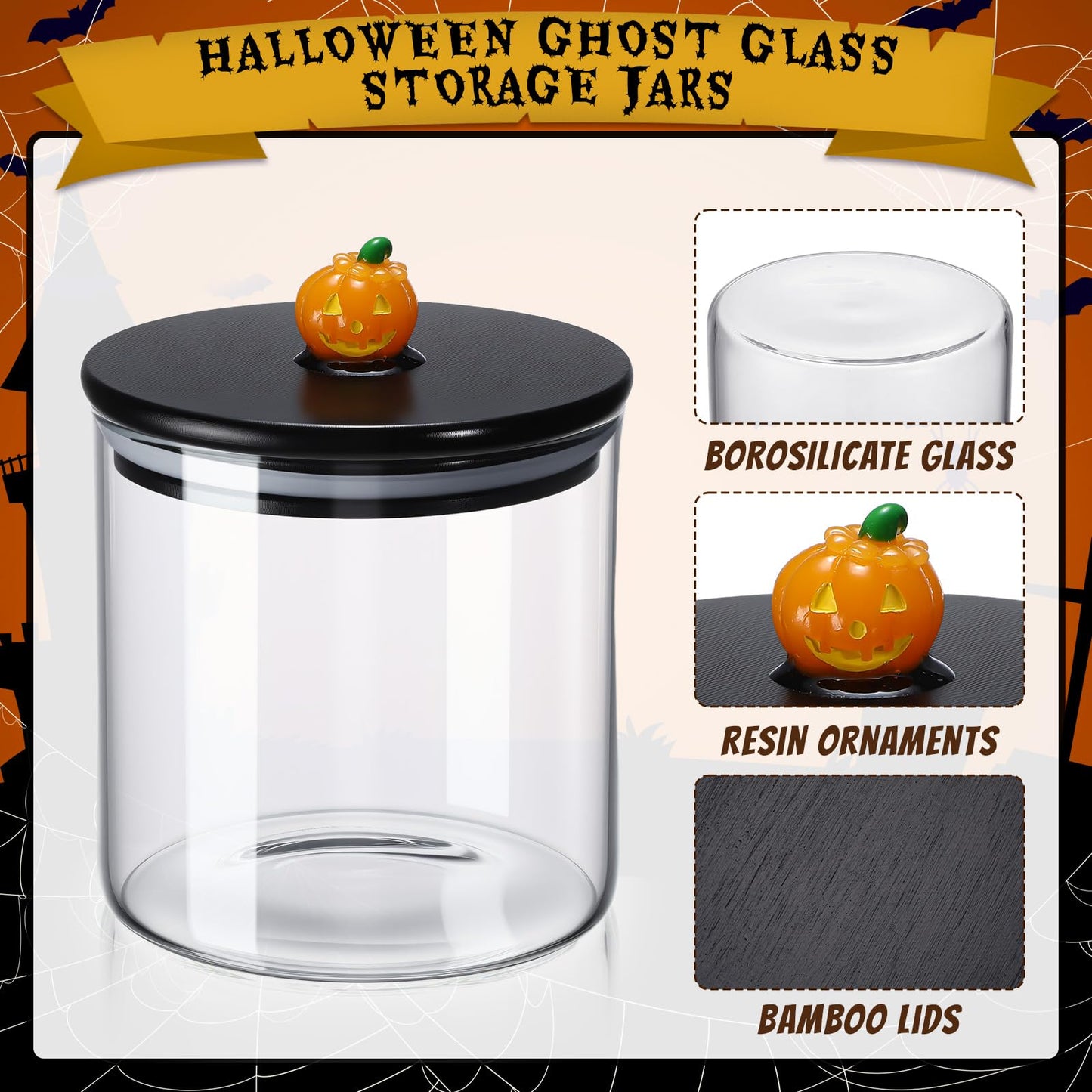 Chuangdi 22 oz Halloween Glass Jars with Bamboo Lid Set of 3 Ghost Grim Reaper Pumpkin Glass Storage Canister Halloween Decorations Indoor for Kitchen Tiered Tray Table Home Party Supplies