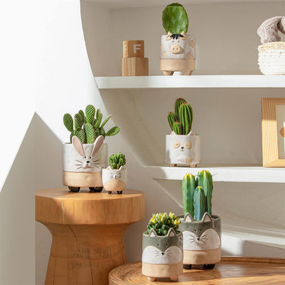 LA JOLIE MUSE Ceramic Animal Succulent Plant Pots - 5.7 + 4.4 Inch Cute Cow Shaped Half Glazed Rough Pottery Indoor Planters for Flower Cactus, Home Decor Gifts for Mom