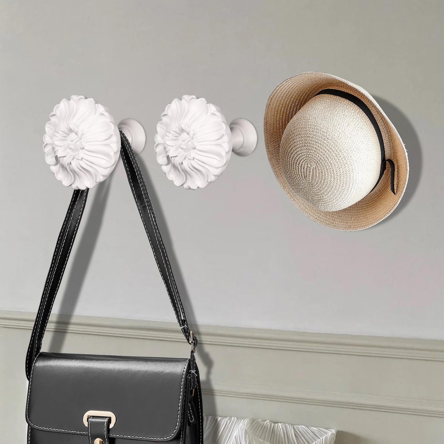 SUQIOME Set of 2 Blossom Window Drapery Vintage Curtain Adhesive Medallion Holdbacks Tiebacks, Wall Hook, Tassel Holder for Room (White)