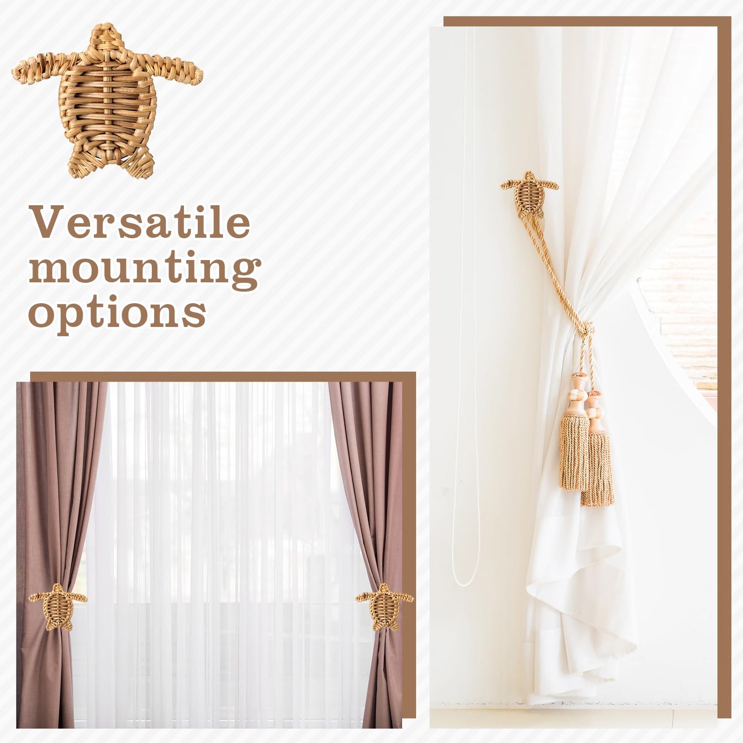 Leinuosen 2 Pack Boho Curtain Holdbacks Rattan Tiebacks Coastal Curtain Holdbacks for Curtains Wall Mounted Nautical Ocean Wooden Drapery Hook Rustic for Summer Home Office Bedroom Window(Sea Turtles)
