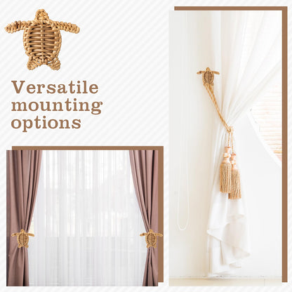 Leinuosen 2 Pack Boho Curtain Holdbacks Rattan Tiebacks Coastal Curtain Holdbacks for Curtains Wall Mounted Nautical Ocean Wooden Drapery Hook Rustic for Summer Home Office Bedroom Window(Sea Turtles)