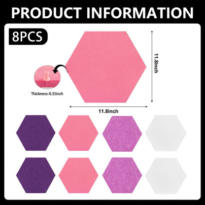 8 Packs White Purple Pink Hexagon Felt Pin Board, 12" Bulletin Board with 30 Push Pins, Felt Board for Home Kitchen Office Decor, Self-Adhesive Corkboard Tiles for Walls Message Photos Memos Display