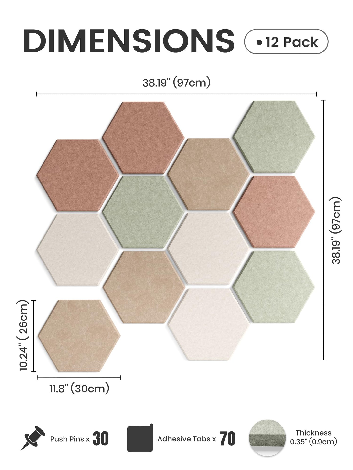 Fluxynara Hexagon Cork Board Alternative for Walls Decor-12-Pack Felt Bulletin Board Tiles,with 30 Pushpins,70 Adhesive Tabs for Office,Classrooms & Home Pin Board Felt Board-Boho