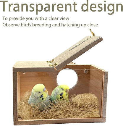 Parakeet Nesting Box, 7.87 X 4.72 X 4.72 inch Transparent Bird Nest Breeding Box with Perch Parrot Mating Box Wood Bird House Aviary for cage (S Horizontal Transparent+Wood)