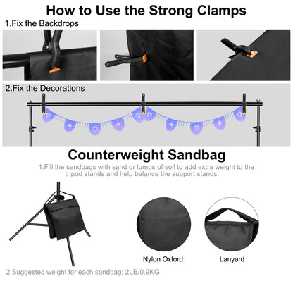 10x7ft Adjustable Photography Backdrop Stand Kit – Photo Studio Background Support with 4 Crossbars, 4 Clamps, 2 Sandbags (with 10 * 7 Feet Black Backdrop Curtain)