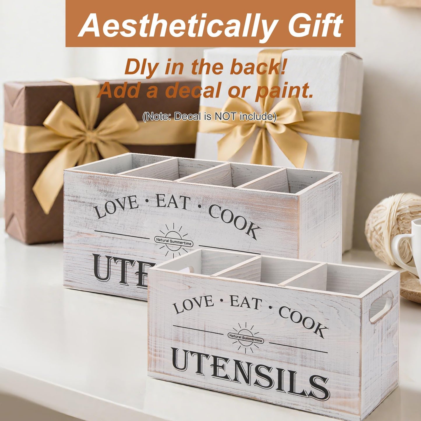 Natural Summertime 2 PC Wooden Utensil Holder,（With 4-Compartments size*1 + 3-Compartments size*1） Extra Large Kitchen Counter,Cooking Spatula Organizer,Farmhouse Decor, Rustic Cooking Utensil
