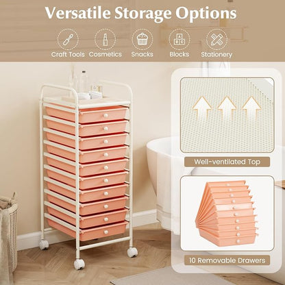 COSTWAY 10-Drawer Rolling Storage Cart, Utility Mobile Trolley with Removable Drawers & Universal Casters & 2 Brakes, Versatile Flexible Drawer Organizer Cart for Home, Office, Peach