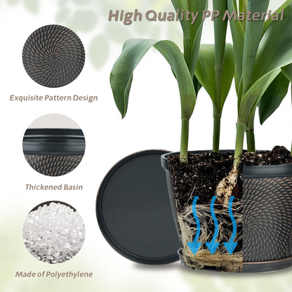 Quarut 10 Inch Flower Pots for Outdoor Indoor, 3 Pack Plastic Plant Pots with Drainage Hole & Tray, Modern Decorative Garden Pot with Saucer, planters for House (Brown)