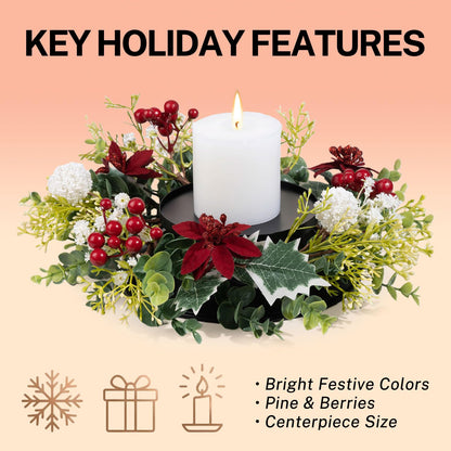MOYEE Winter Christmas Candle Holder Centerpieces for Tables,Candle Ring, Black Metal Candlestick with an Artificial Wreath 14 in Versatile Dining Table Centrepiece (White Ball Wreath)