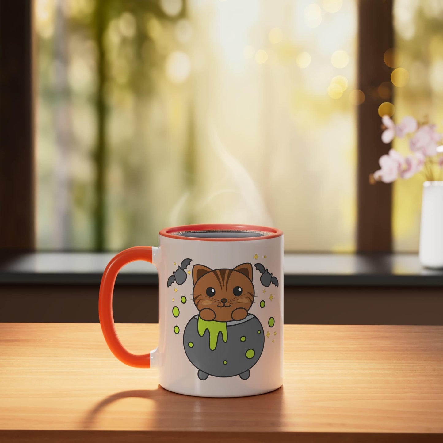 Cat Halloween Cauldron Bat Happy Halloween Ceramic Mug, Orange/White