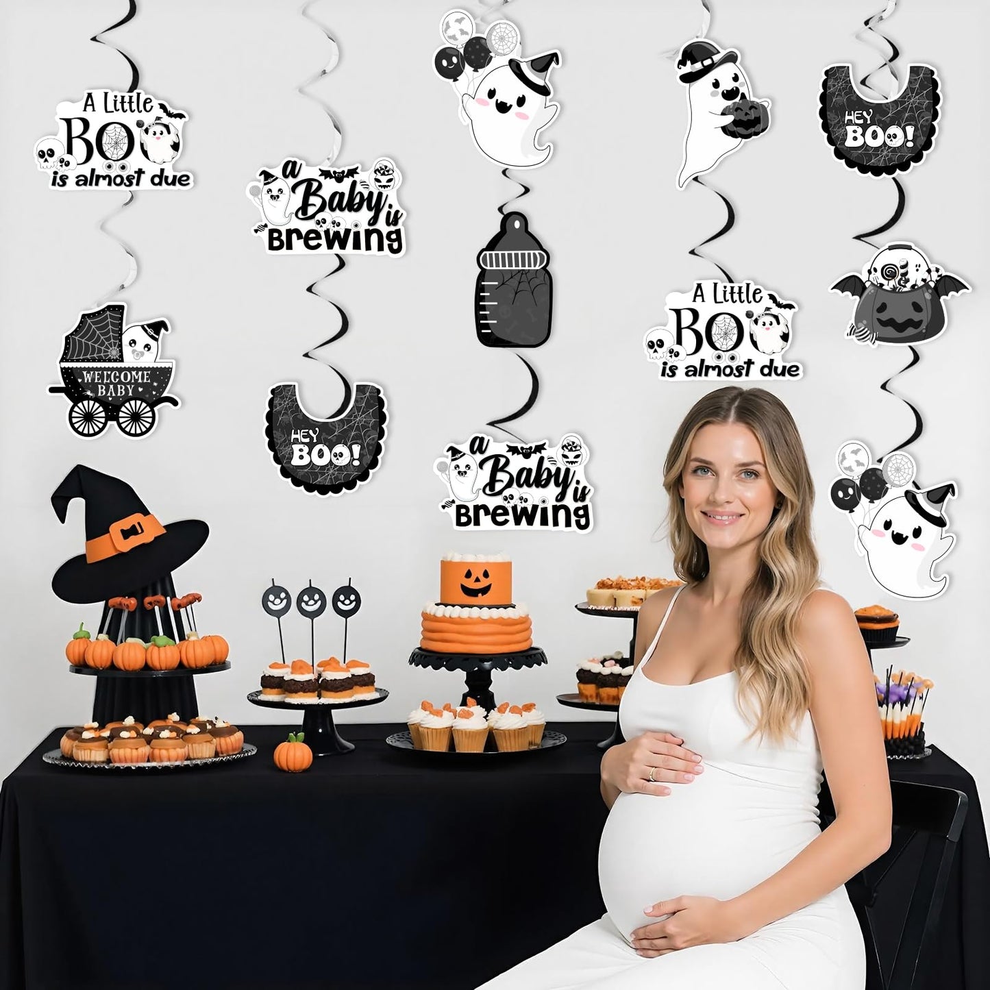 Kreatwow Halloween Baby Shower Decorations Black White 24pcs A Little Boo Is Almost Due Hanging Swirls A Baby Is Brewing Party Little Boo Party Decor Spooky Hanging Streamer for Pregnancy Celebration