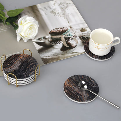 6 Pcs Black Ceramic Stone Modern Coasters with Holder Best Absorbent Drink Coasters Round Ceramic Table Coasters Set Best Coffee Table Ceramic Coaster Set