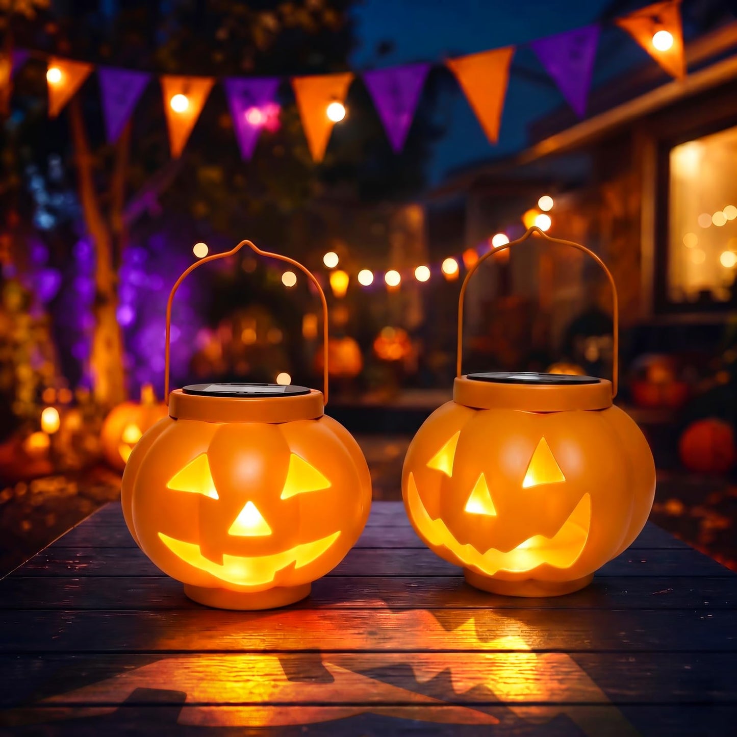 BRIGHTDECK Halloween Pumpkin Solar Lanterns 2 Pack, Jack O Lantern Pumpkin Lights for Halloween Decorations Outdoor, Weatherproof & Portable Fall Yard Decor (2Pack Warm White)