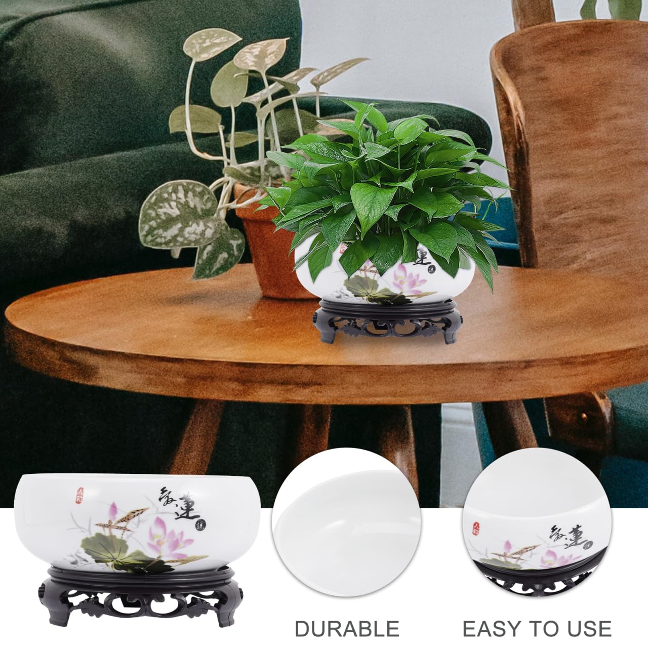 Kisangel Blue and White Porcelain Hydroponic Bonsai Pot with Base 6.69 Inch Non-Hole Indoor Planter for Lotus Flower Water Lilies Home Garden Decoration