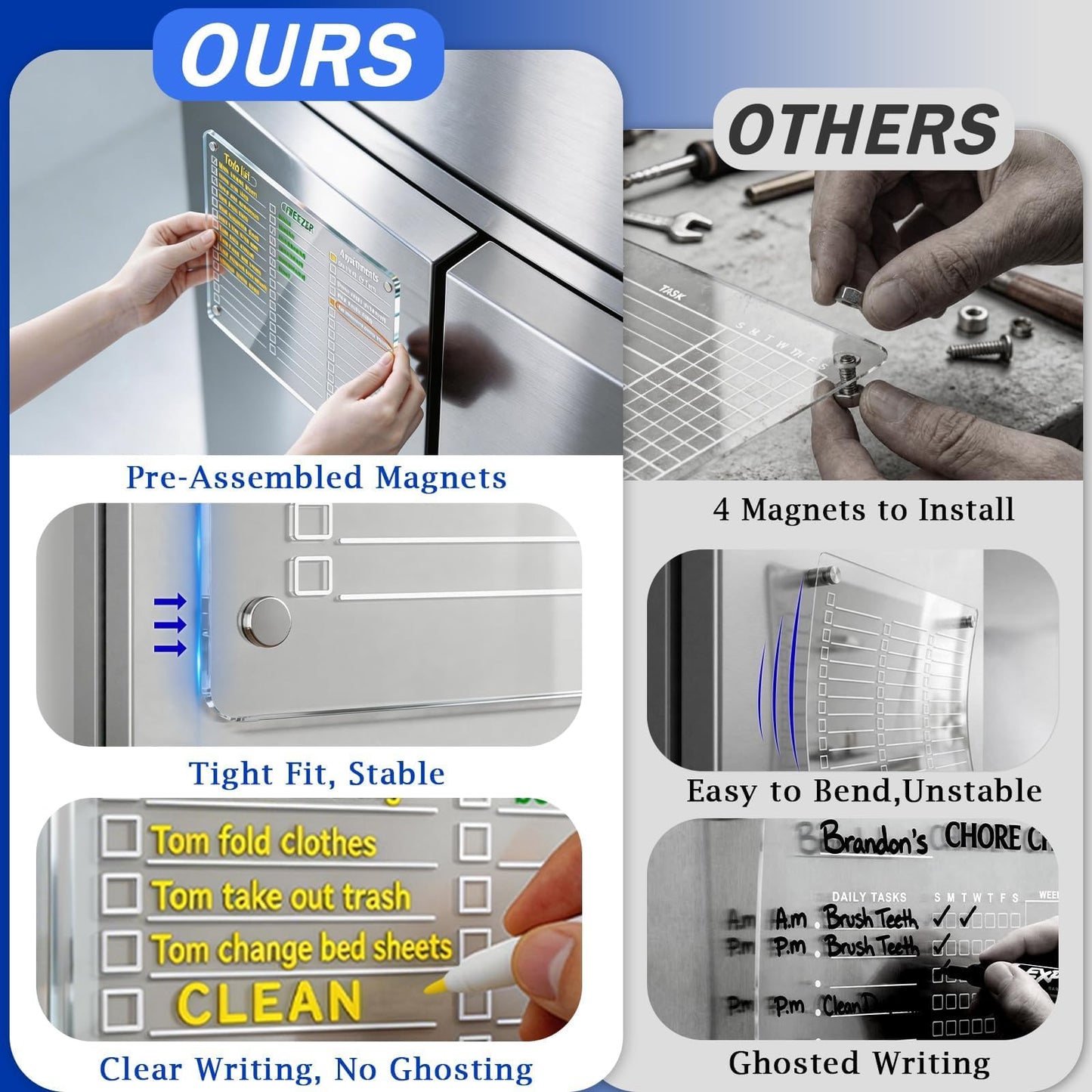 PigPotParty Acrylic Magnetic to Do List Whiteboard for Refrigerator, 12x9.5 Inch Clear Dry Erase Checklist Board, 3-Column Fridge List with Pre-Installed Embedded Magnet, 8 Markers and 1 Towel