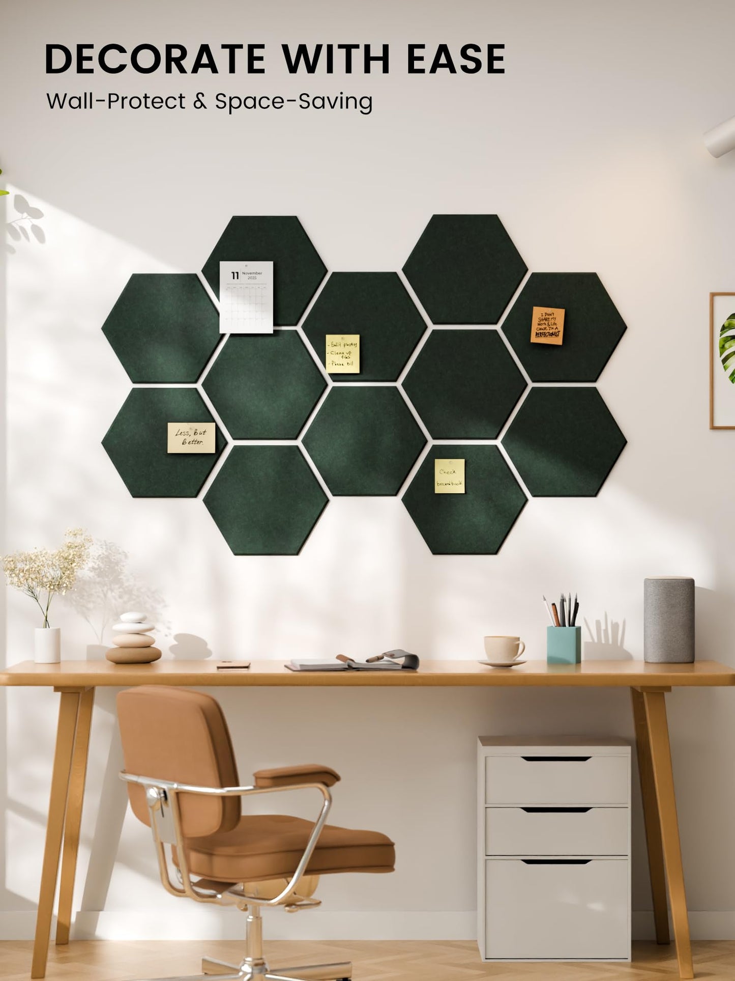 Fluxynara Hexagon Cork Board Alternative for Walls Decor-12-Pack Felt Bulletin Board Tiles,with 30 Pushpins,70 Adhesive Tabs for Office,Classrooms & Home Pin Board Felt Board-Pine Green
