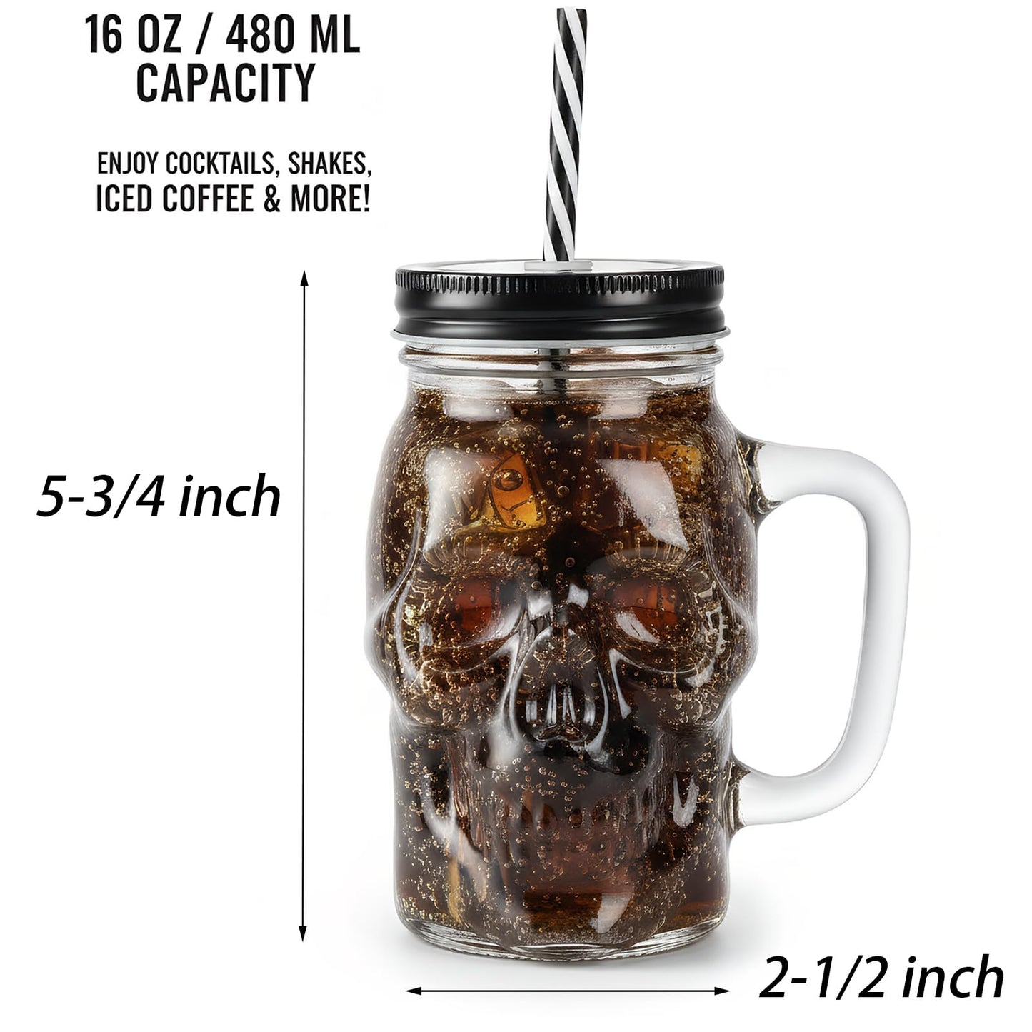 TOPZEA 6 Pack Skull Mason Jars with Handle, 16 Oz Glass Beer Mugs Gothic Wide Mouth Tumbler Cup with Straws and Lids, Novelty Pub Bar Mug Halloween Drinking Glasses for Beverage, Liquor, Mix Cocktail