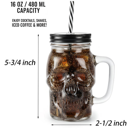 TOPZEA 6 Pack Skull Mason Jars with Handle, 16 Oz Glass Beer Mugs Gothic Wide Mouth Tumbler Cup with Straws and Lids, Novelty Pub Bar Mug Halloween Drinking Glasses for Beverage, Liquor, Mix Cocktail