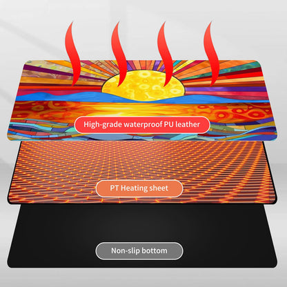 Heated Mouse Pad Hand Warmer, Warm Desk Pad Mousepad Desk Mat with 3 Levels Heating and 3 Hours Auto Shut Down 31.5 x 13 inch PU Leather Warmer Keyboard Mat for Gaming Laptop Office Home, A Art Sun
