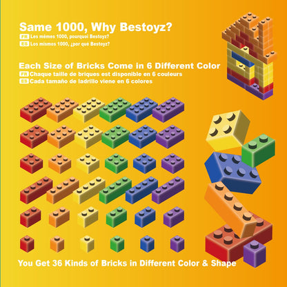 Bestoyz Building Bricks 1000 Pieces in Rainbow Colors, Classic Generic Building Blocks Toy for Boys & Girls, Educational Building Toys for Classroom, School, Toys for Kids Aged 4+
