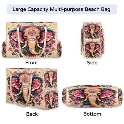 ModaQua Elephant Floral Splendor Beach Bags Waterproof Sandproof for Women, Large with Zipper Pool Beach Tote Reusable Grocery Shoulder Bag for Swim Travel Shopping Vacation Picnic