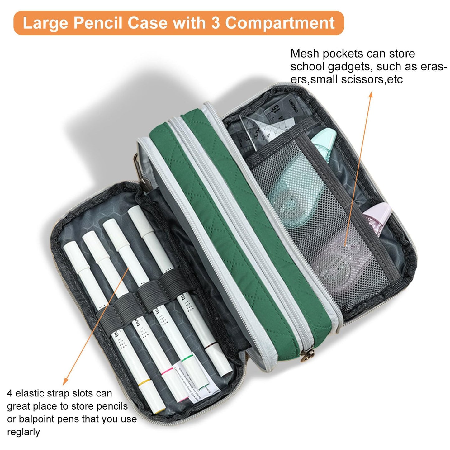 Della Gao Large Pencil Case, Big Capacity Pencil Pouch with 3 Compartments, Office Pencil Bag with Zipper, Big Pen Case for Adults (01-3ALLG)