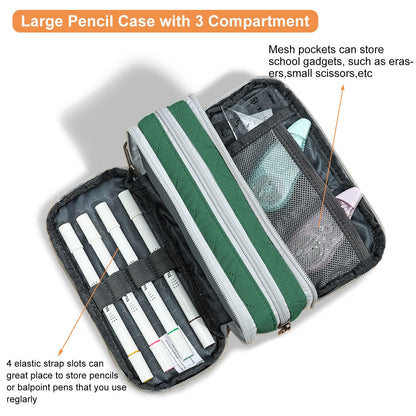 Della Gao Large Pencil Case, Big Capacity Pencil Pouch with 3 Compartments, Office Pencil Bag with Zipper, Big Pen Case for Adults (01-3ALLG)