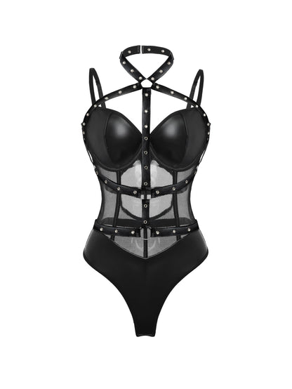 Lilosy Sexy Crisscross Choker Leather Pu Underwire Babydoll Women Harness Teddy Bodysuit Nightshirt One Piece Push Up Mesh Sheer Nightgown Hollow Rivets Fishnet Black Medium