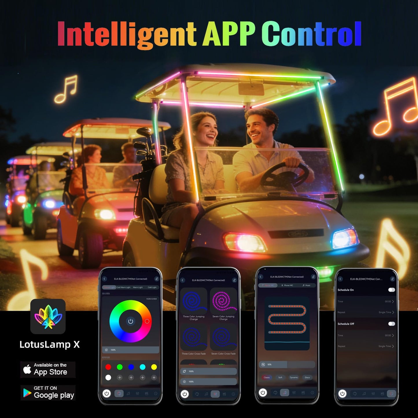 Roykaw 8PCS FCOB Golf Cart Canopy LED Light Strips,ATV/UTV Lights, Dream Color,12-80V, Dimmable & Uniform Lighting Effect, Multi Color/Sync Music/APP Remote Control, IP67 Waterproof