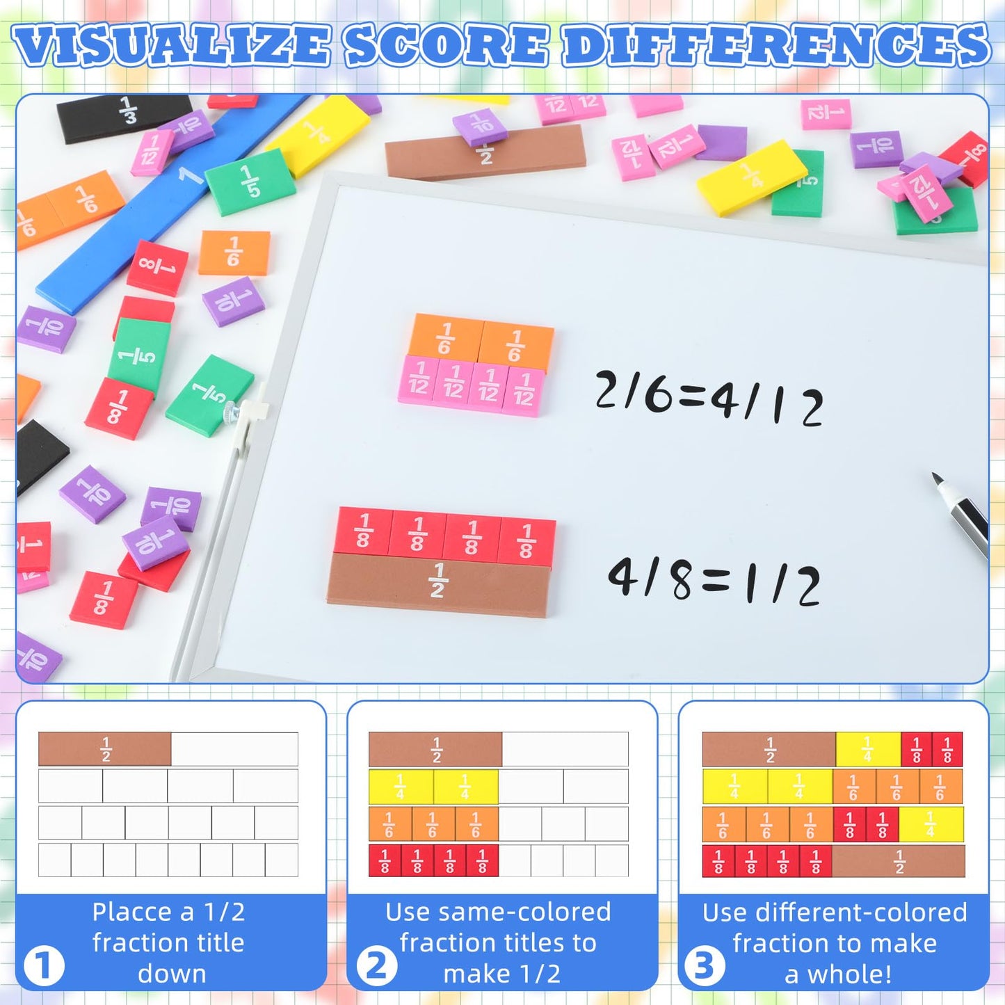 Sayglossy 1 Set Jumbo Magnetic Fraction Tiles Set for Rainbow Teacher Math Manipulatives for Learning Large Education Visuals Fraction Games Supplies 16 Inch Square