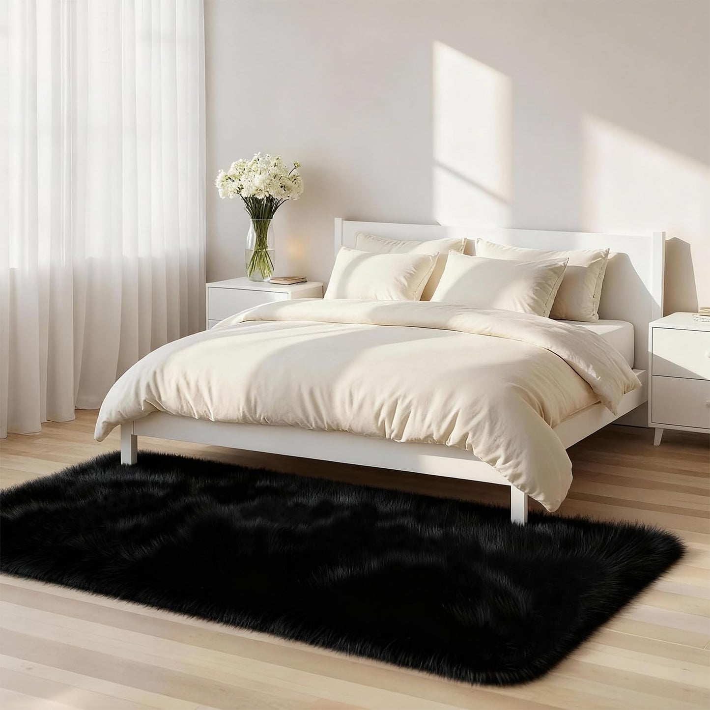 SWGRT 2x6 Solid Fluffy Black Area Rug – Washable, Durable, Small Bedroom Runner Rug, Non-Slip Shag Rugs for Hallway, Living Room, Bedroom, Bedside, Dorms, Kids Room, Nursery Rooms, Soft Indoor Carpet