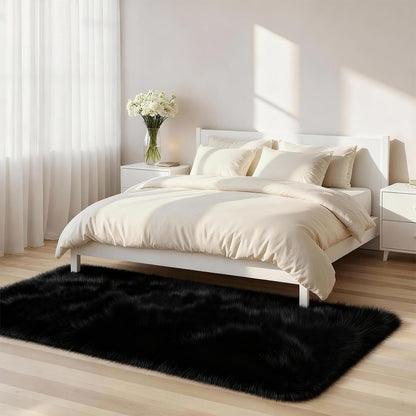 SWGRT 2x6 Solid Fluffy Black Area Rug – Washable, Durable, Small Bedroom Runner Rug, Non-Slip Shag Rugs for Hallway, Living Room, Bedroom, Bedside, Dorms, Kids Room, Nursery Rooms, Soft Indoor Carpet