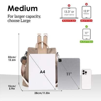 PINCNEL Women Khaki Medium Backpack Purse Waterproof Nylon Anti-theft Rucksack Lightweight Shoulder Bag