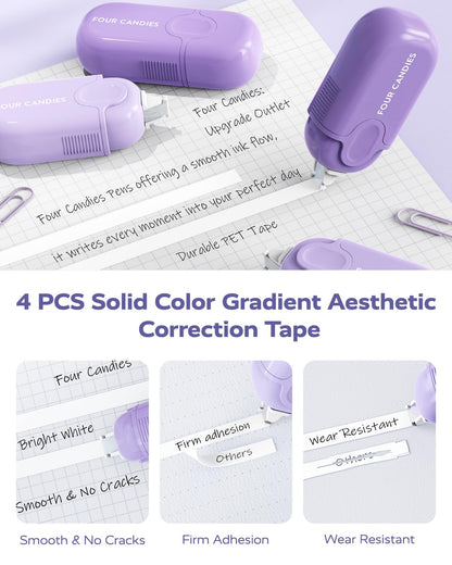 Four Candies Purple College Supplies and Nursing Essentials with Organizer, Gel Pens with Black Ink,Correction Tapes,Pastel Highlighters, Mechanical Pencils, Sticky Notes, Index Post