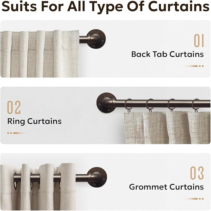 Zeerobee Curtain Rods for Windows 32 to 48, 1 Inch Industrial Wrap Around Antique Bronze Curtain Rod, Indoor/Outdoor Room Divider Adjustable Drapery Pole, 32"-48"