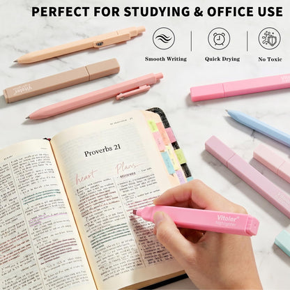 Piochoo Highlighters and Pens Set, 6pcs Cute Pastel Highlighters,6pcs 0.5mm Black Ink Gel Pens Quick Drying for Bible Studying Journaling Office School Supplies