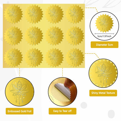 CRASPIRE 144Pcs Lotus Flower Gold Foil Embossed Stickers 2" Mandala Self Adhesive Envelopes Seals Round Labels for Wedding Invitation Graduation Corporate Certificates Diplomas Gift Wrapping Decor