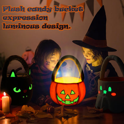 Teenyyou Halloween Pumpkin Trick or Treat Bucket Plush Candy Bag Basket Tote for Trick or Treating Glow in The Dark Favor Bags for Halloween Party Supplies