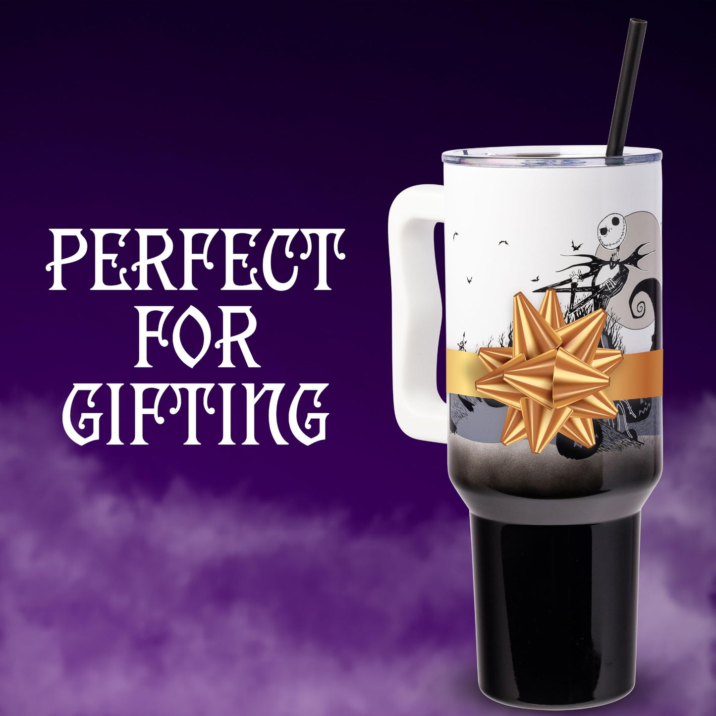Silver Buffalo Disney Nightmare Before Christmas by Tim Burton Jack Skellington Hill and Moon Double Walled Stainless Steel Tumbler with Handle and Straw, Fits in Standard Cup Holder, 40 Ounces